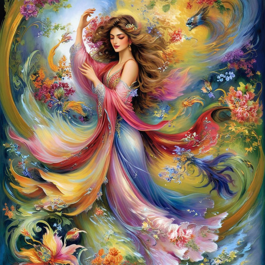 surrounded by swirling, vibrant colors—rich reds, purples, pinks, yellows, blues, and greens—that evoke a sense of movement and light. The style is reminiscent of Persian miniature painting, with a painterly, expressive quality.
The figures appear in the middle of the action, their bodies contracted in fluid motion. The background features swirling clouds and stylized winding trees, the composition is balanced, and the figures are not exactly centered, but interact in the central space. The overall perspective is almost like floating above or within the stage.
The lighting is striking, highlighting the faces and vibrant colors. The artwork is expressive and evocative of nature and human emotions.