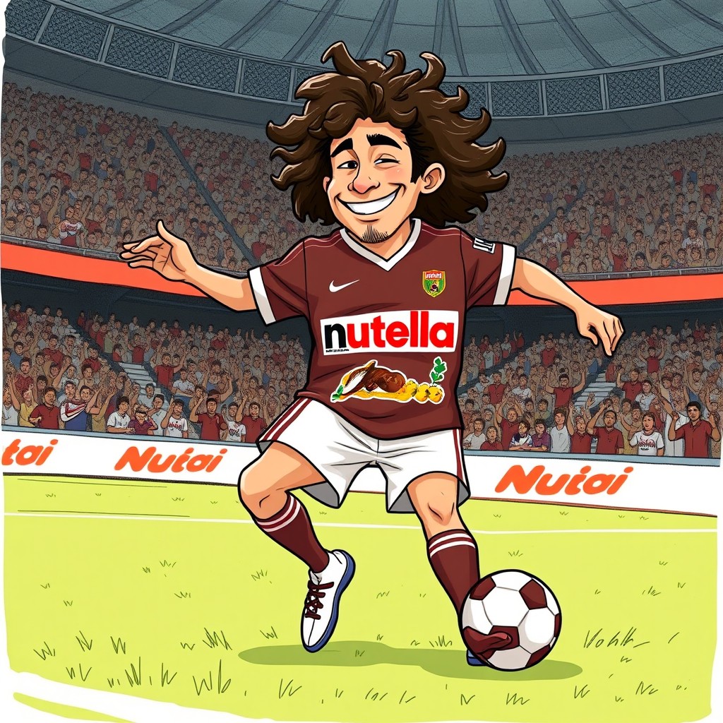 A whimsical and humorous illustration of the footballer Marc Cucurella, depicted in an oversized Nutella uniform, with the Nutella logo prominently displayed