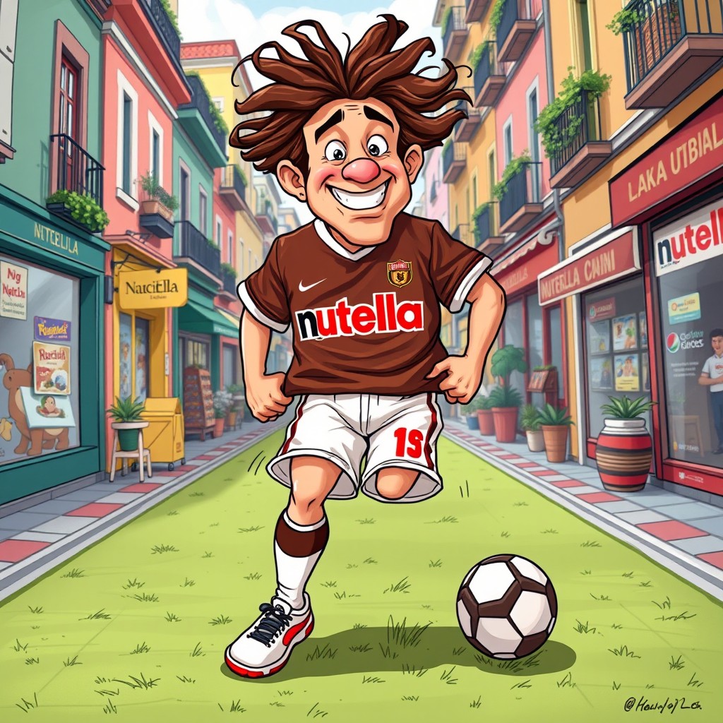A vibrant and quirky illustration of the footballer Marc Cucurella, depicted in a Nutella uniform, styled in an Italian brainrot aesthetic