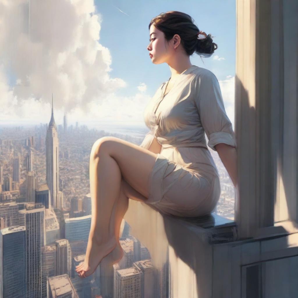 A captivating image of an enormous girl in gentle attire, seated delicately atop a city skyscraper, legs dangling over the side, and looking out to the horizon.