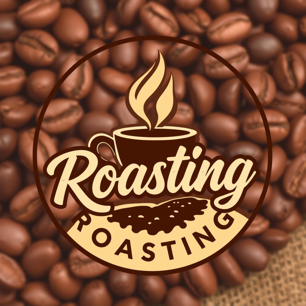 A bold and modern roasting logo featuring a stylized coffee cup with steam rising from it, set against a backdrop of roasted coffee beans
