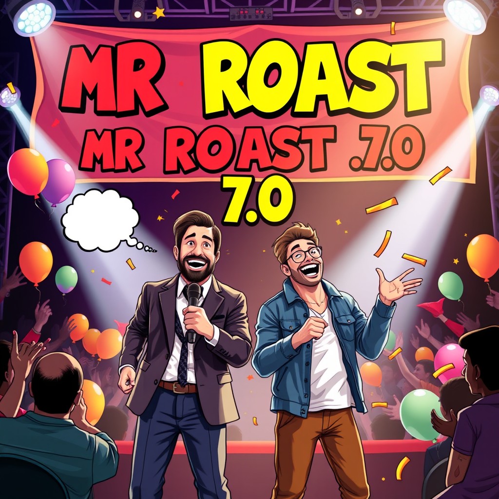A colorful, vibrant digital poster for a fictional roast battle event titled 'MR ROAST 7