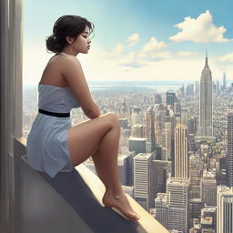 A captivating image of an enormous girl in gentle attire, seated delicately atop a city skyscraper, legs dangling over the side, and looking out to the horizon.