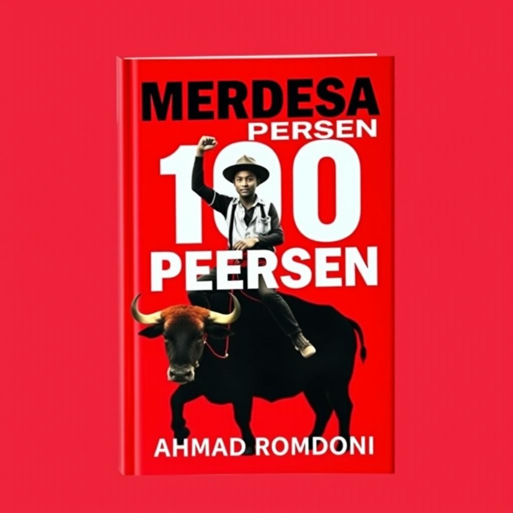 A striking book cover featuring a dominant red background with a bold black silhouette of a young man riding a buffalo