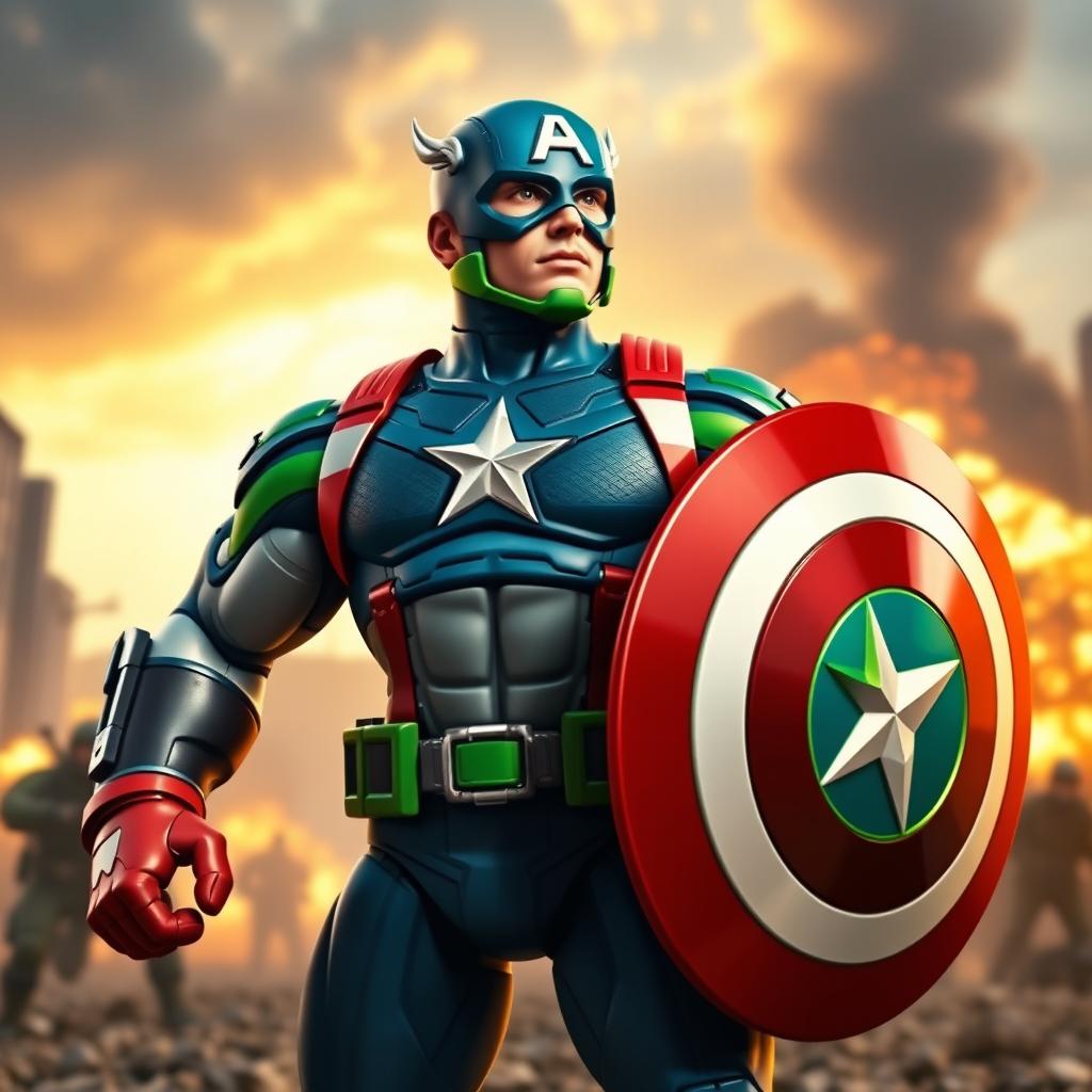 A hero inspired by Captain America, wearing a costume where all the blue elements are replaced with vibrant green
