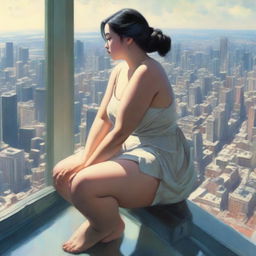 A captivating image of an enormous girl in gentle attire, seated delicately atop a city skyscraper, legs dangling over the side, and looking out to the horizon.