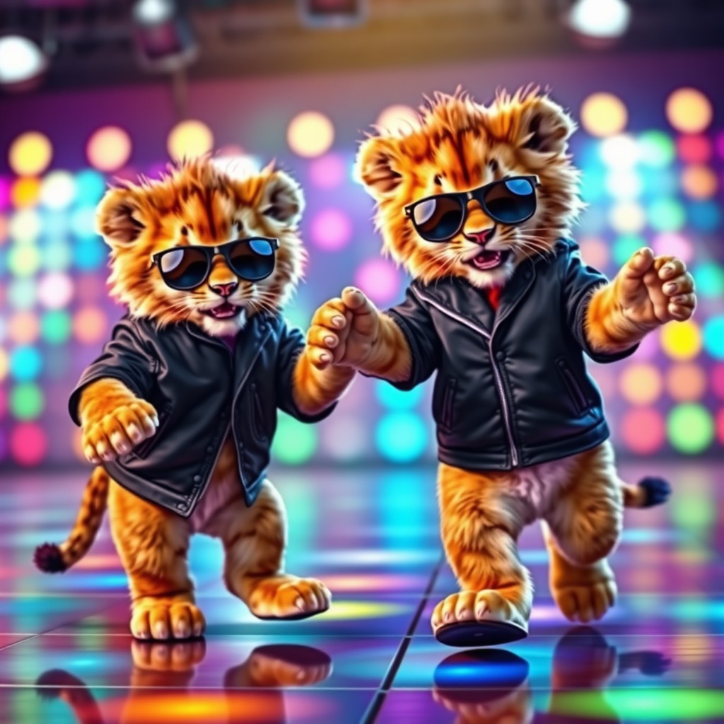 A pair of adorable lion cubs wearing stylish black jackets and trendy sunglasses, energetically dancing salsa on a colorful dance floor