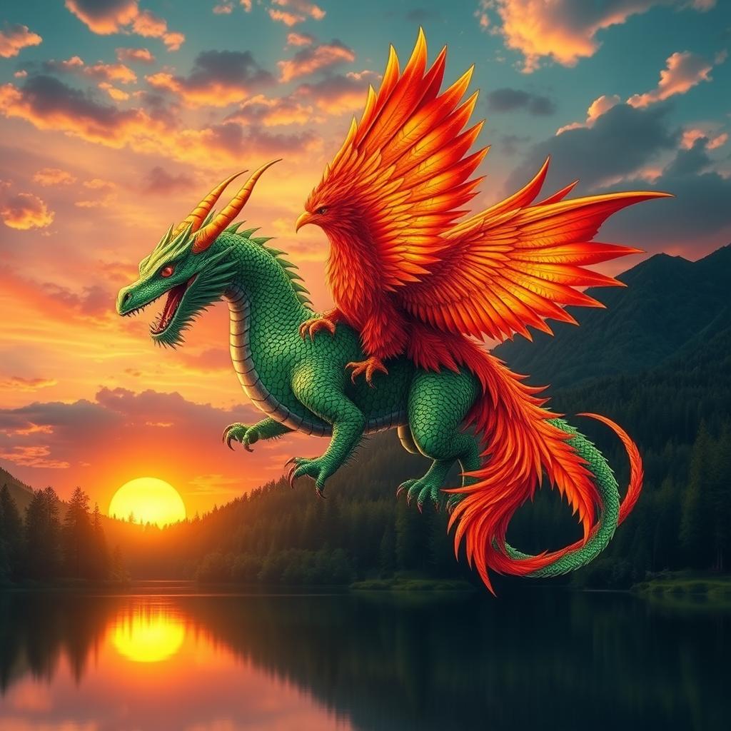 A fusion of two mythical creatures, a dragon and a phoenix, soaring together majestically in a vibrant sunset sky