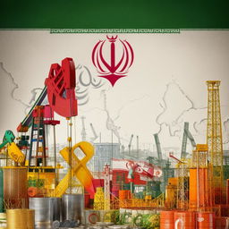 A visualization of Iran's economy, featuring national symbols such as oil derricks, currency, ports, and multiple industries against a map of Iran backdrop.