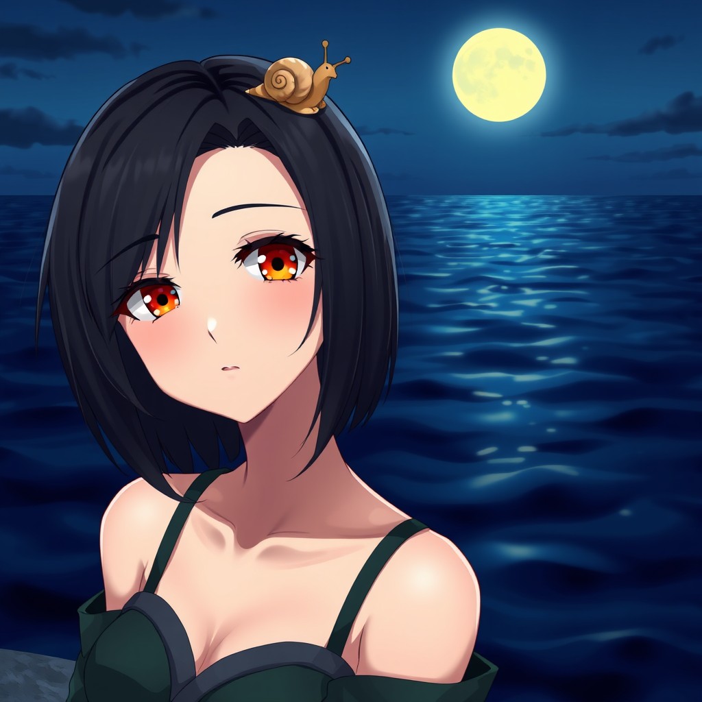 A stunning anime lady with vibrant amber eyes and sleek black short hair, elegantly styled in a combination of grey and dark green clothing