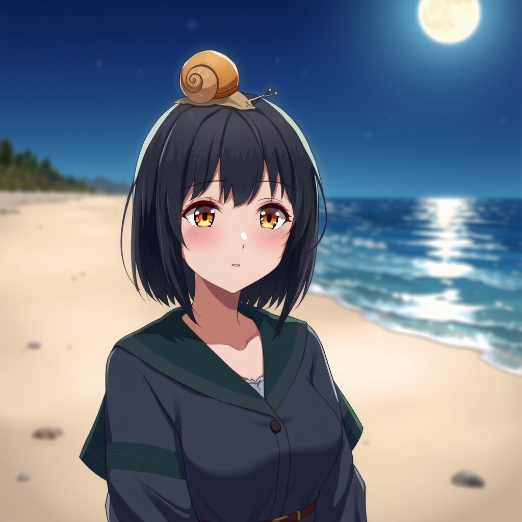 An anime lady with striking amber eyes and short black hair, dressed in a stylish outfit combining shades of grey and dark green