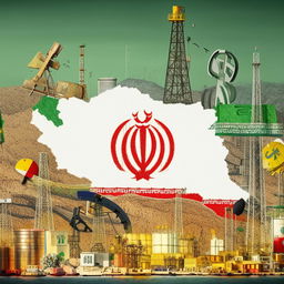 A visualization of Iran's economy, featuring national symbols such as oil derricks, currency, ports, and multiple industries against a map of Iran backdrop.