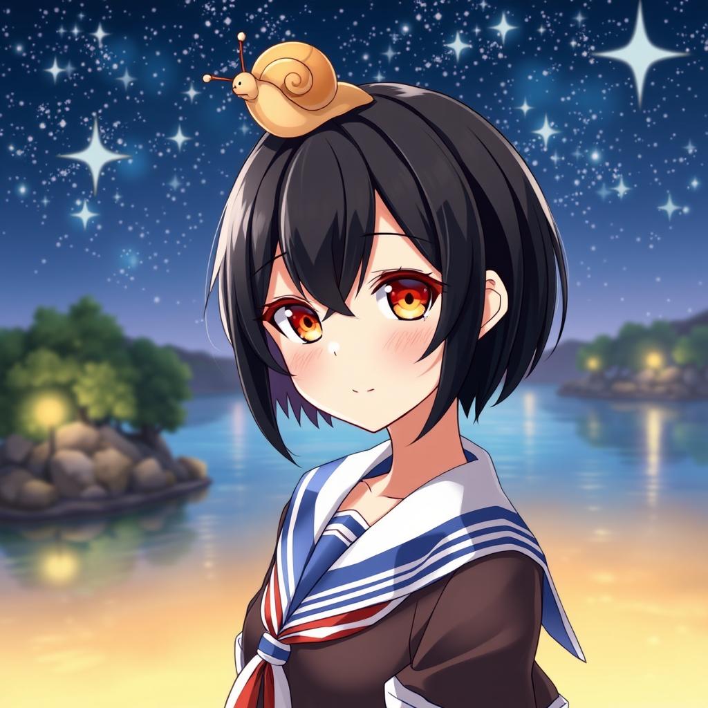 An anime lady with vibrant amber eyes and stylish black short hair, dressed in nautical themed clothing that features elements like stripes and sailor collars