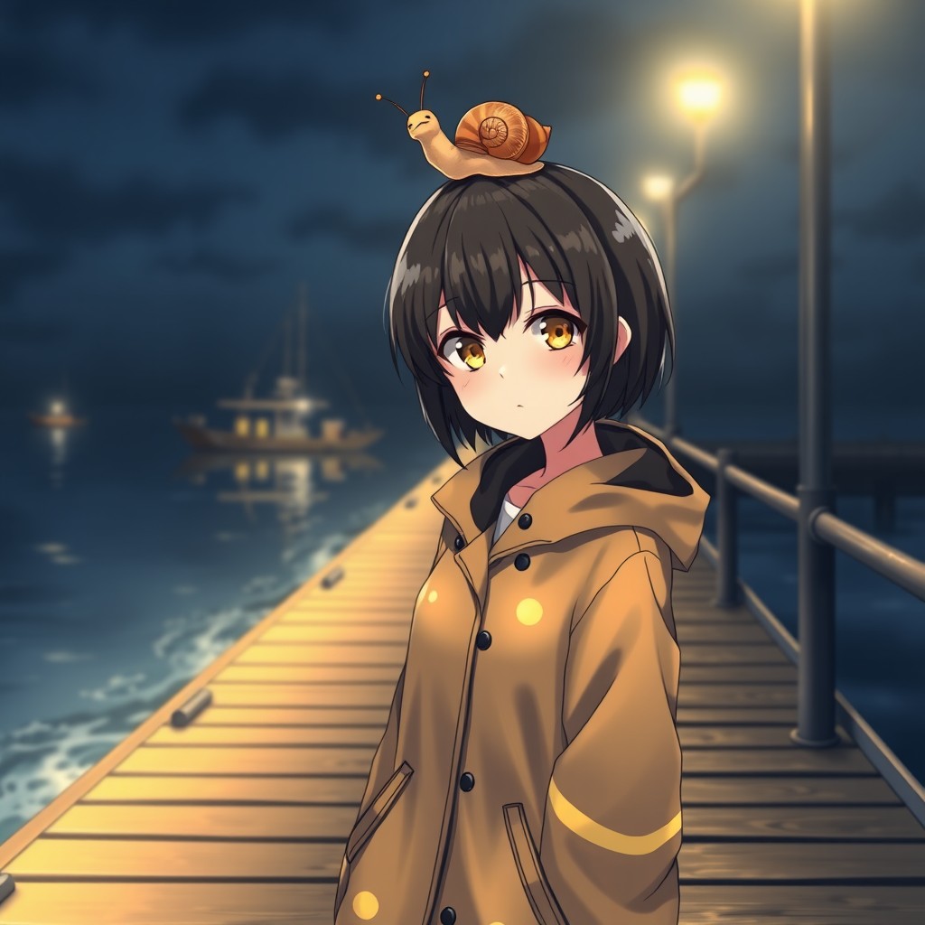 An anime lady with striking yellow eyes and short black hair, wearing a stylish raincoat that glimmers under the night sky