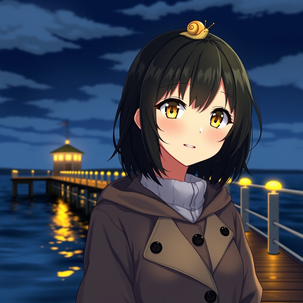An anime lady with striking yellow eyes and medium-length black hair, wearing a stylish raincoat