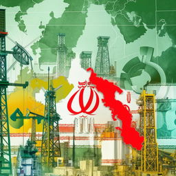 A visualization of Iran's economy, featuring national symbols such as oil derricks, currency, ports, and multiple industries against a map of Iran backdrop.