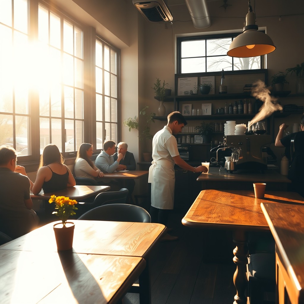 A beautifully lit scene of a cozy coffee shop during the golden hour