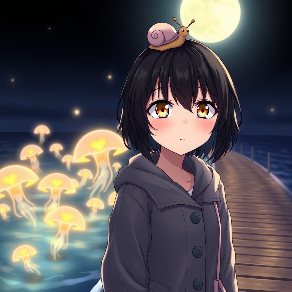 Anime girl with striking yellow eyes and medium-length black hair, wearing a stylish raincoat