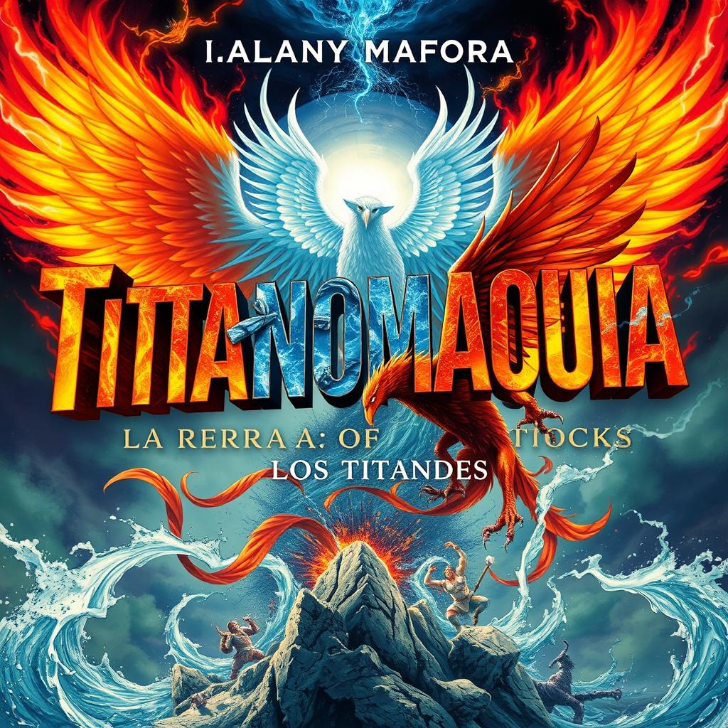 A captivating book cover illustration for the title 'Titanomaquia: La guerra de los titanes'