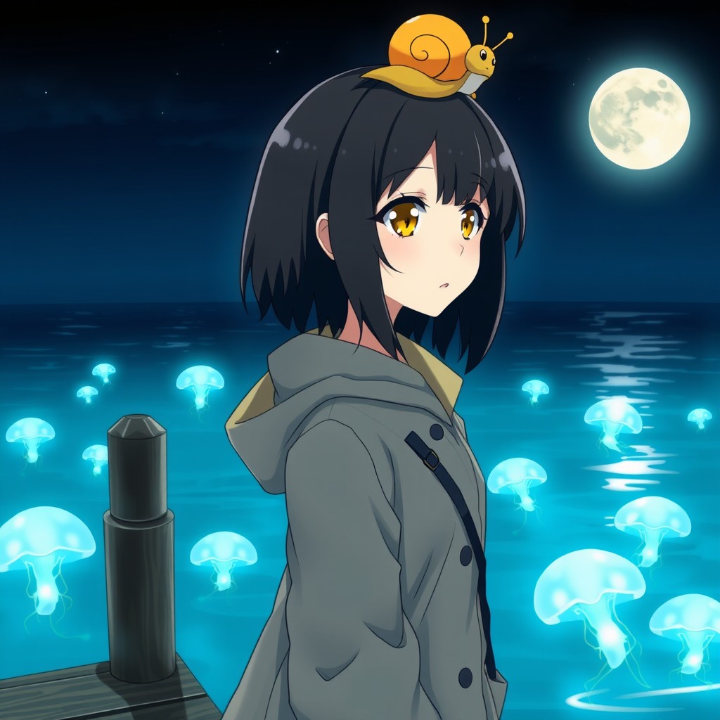 An anime lady with striking yellow eyes and medium-length black hair, wearing a stylish raincoat