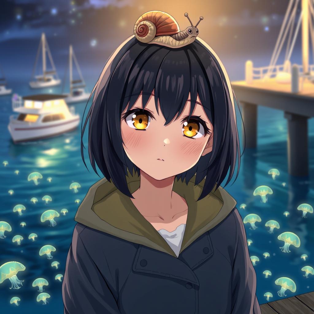 An anime lady with captivating yellow eyes and medium-length black hair, wearing a stylish raincoat