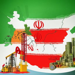 A visualization of Iran's economy, featuring national symbols such as oil derricks, currency, ports, and multiple industries against a map of Iran backdrop.