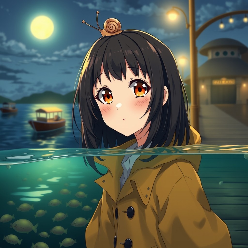 An anime lady with striking amber eyes and medium-length black hair, wearing a stylish tan raincoat