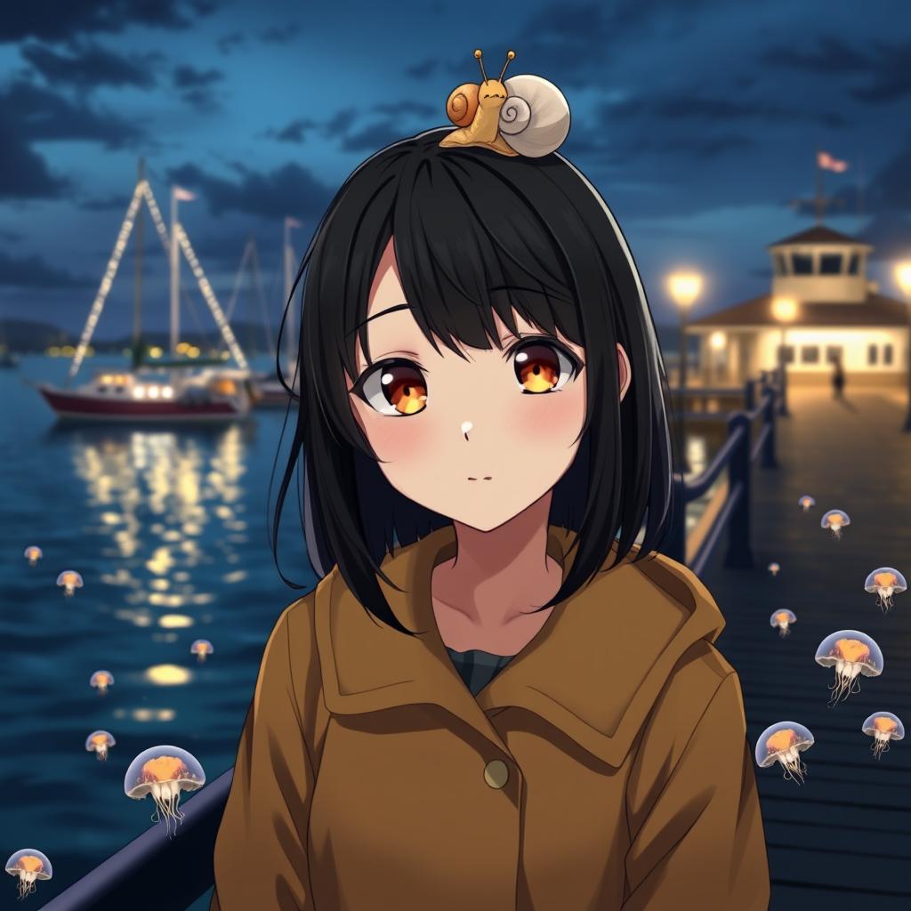 A beautiful anime lady with striking amber eyes and medium-length black hair, wearing a stylish tan raincoat
