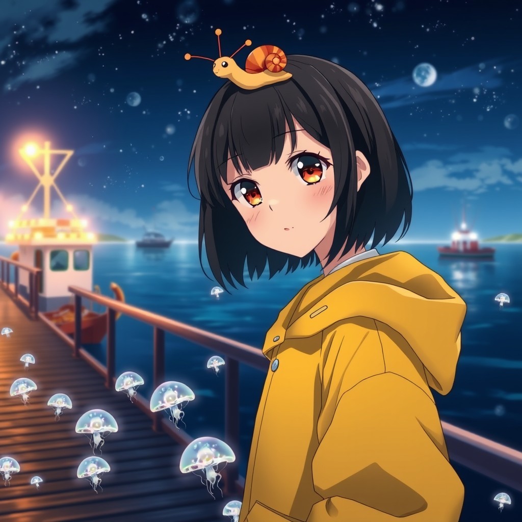 An anime lady with striking amber eyes and medium-length black hair, adorned in a vibrant yellow raincoat