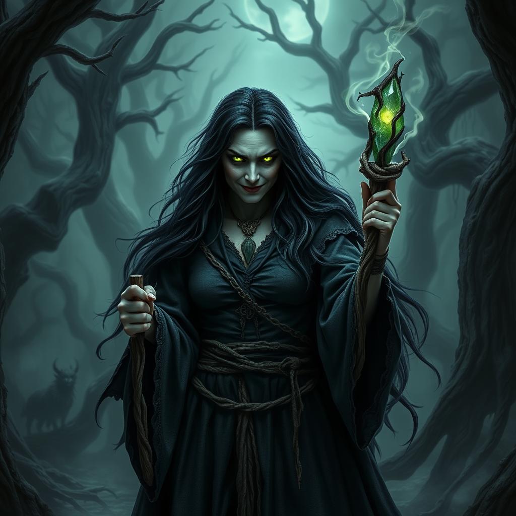 A dark and menacing evil witch standing in a foreboding forest