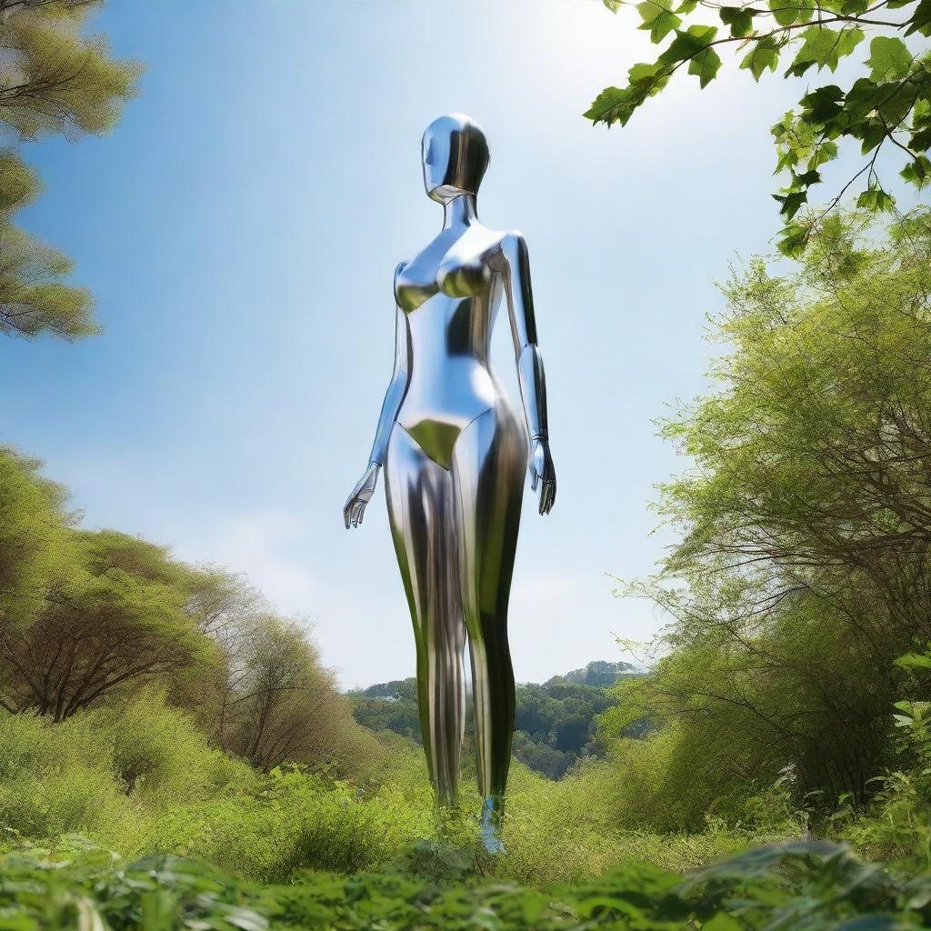 A towering 20 meter tall tin girl, her metallic body gleaming in the sunlight, standing majestic and tranquil amongst a verdant landscape.