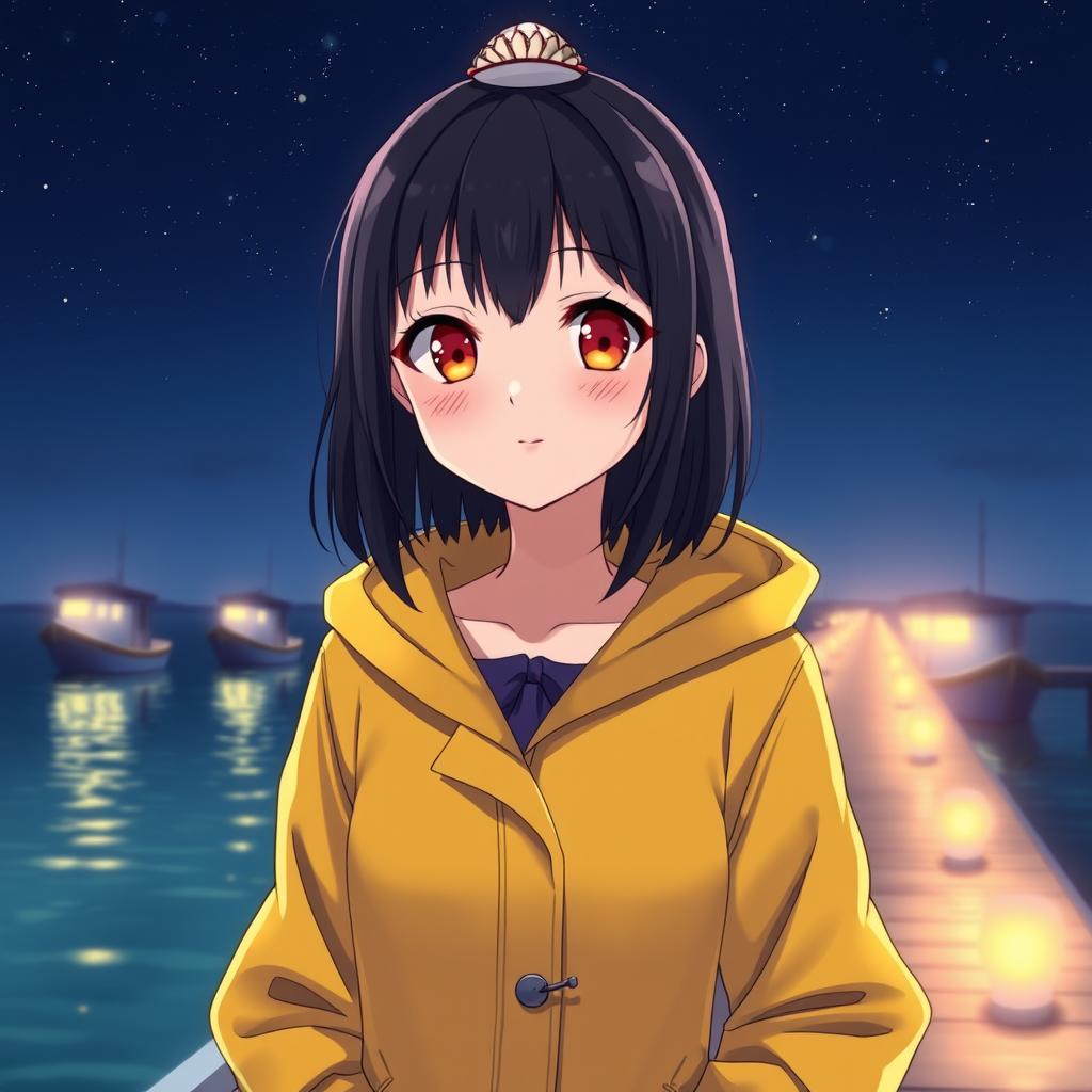 A striking anime character with vibrant amber eyes and medium length black hair, wearing a bright yellow raincoat