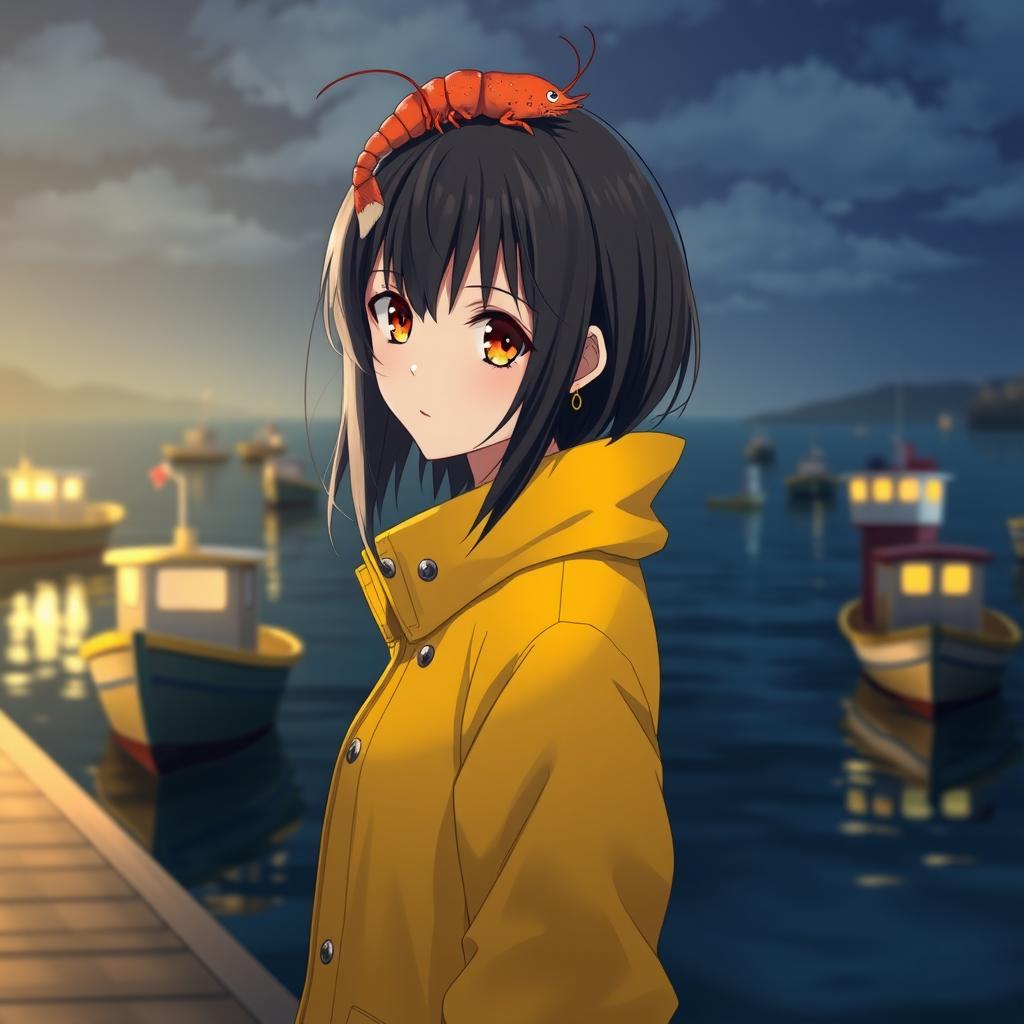 A stunning anime lady with captivating amber eyes and medium-length black hair, wearing a vibrant yellow raincoat