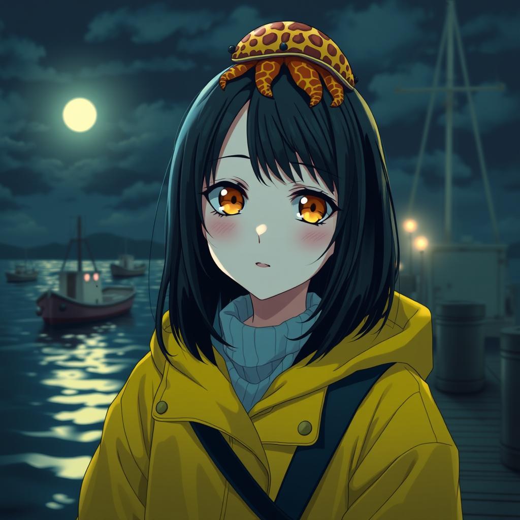 Anime lady with striking amber eyes and medium-length black hair, wearing a vibrant yellow raincoat