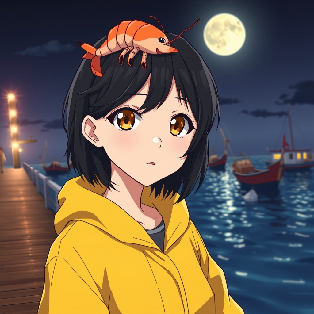 An anime lady with striking amber eyes and medium-length black hair styled elegantly