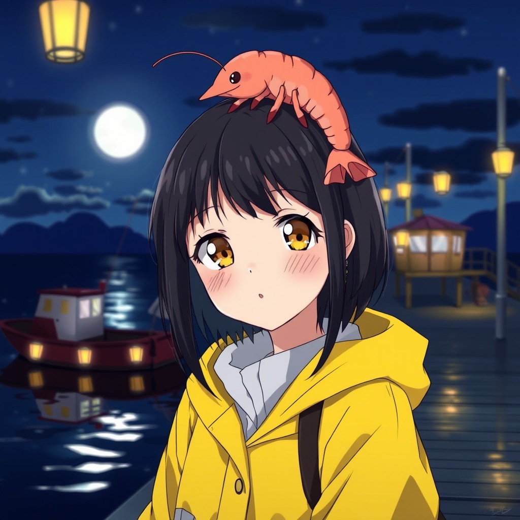An anime lady with captivating amber eyes and black medium-length hair, featuring a distinct triangle-shaped nose
