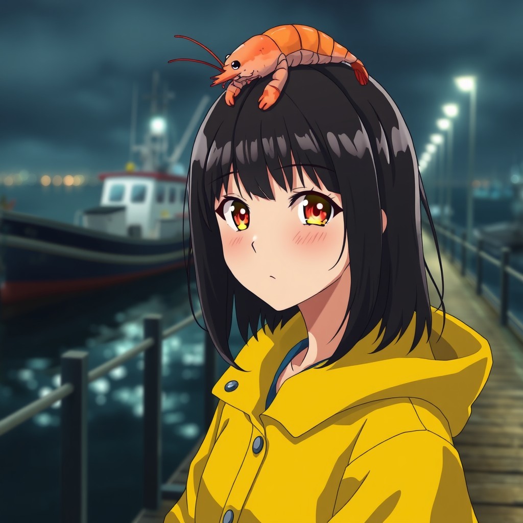 An anime lady with striking amber eyes, medium-length black hair, and a pronounced big nose