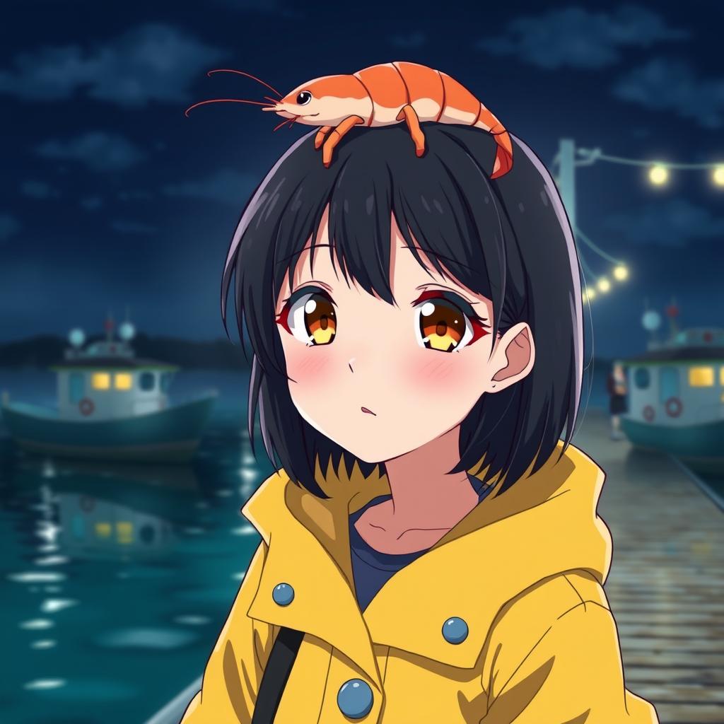 Anime lady with bright amber eyes and medium-length black hair, showcasing a large nose, wearing a stylish yellow raincoat
