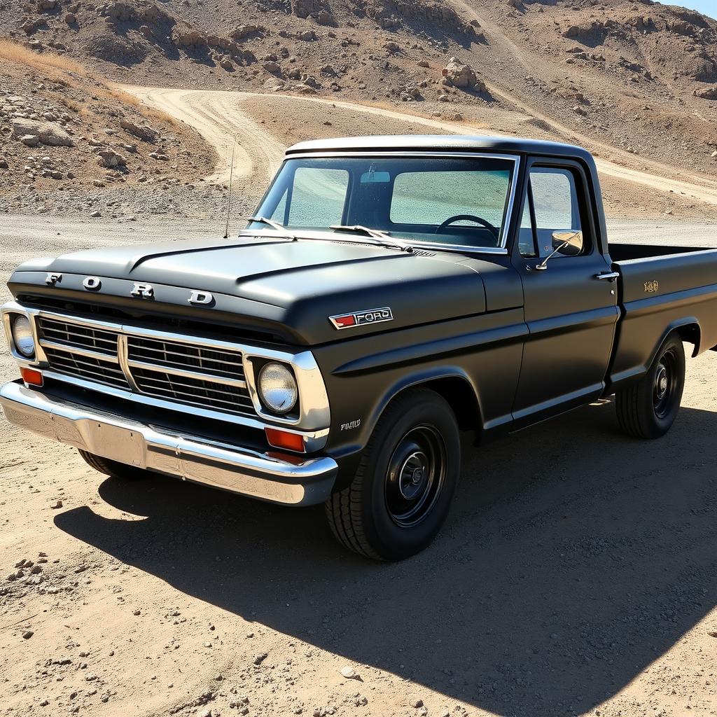 A vintage 1967 Ford F100 in a matte black finish, showcasing realistic battle scars and wear, parked in an outdoor setting