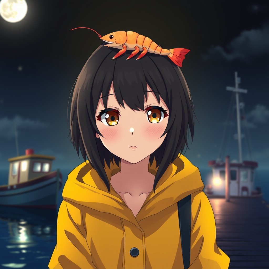 An anime lady with striking amber eyes and medium-length black hair, featuring a unique nose