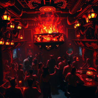 A vibrant and atmospheric nightclub in Hell, filled with demonic creatures enjoying the night