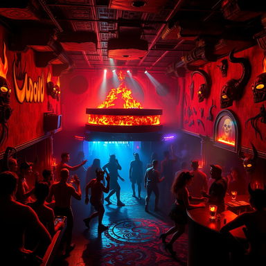 A vibrant and atmospheric nightclub in Hell, filled with demonic creatures enjoying the night