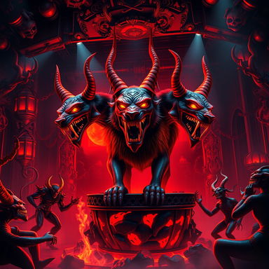 A vivid and lively nightclub in Hell featuring Cerberus, the three-headed dog, as the prominent centerpiece