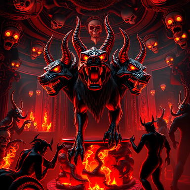 A vivid and lively nightclub in Hell featuring Cerberus, the three-headed dog, as the prominent centerpiece