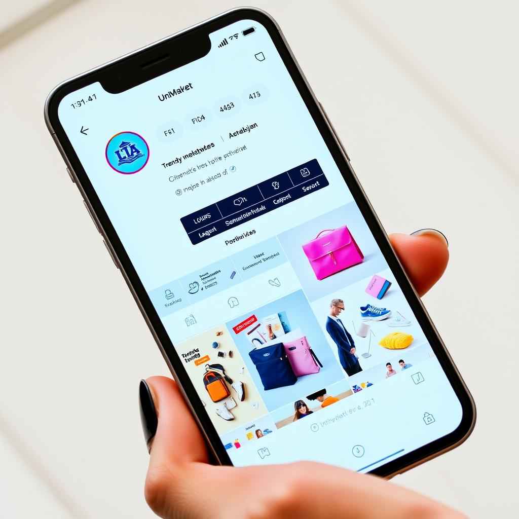 A stylish Instagram profile page displayed on a smartphone screen, featuring the username 'UniMarket_Azerbaijan' prominently in the bottom right corner