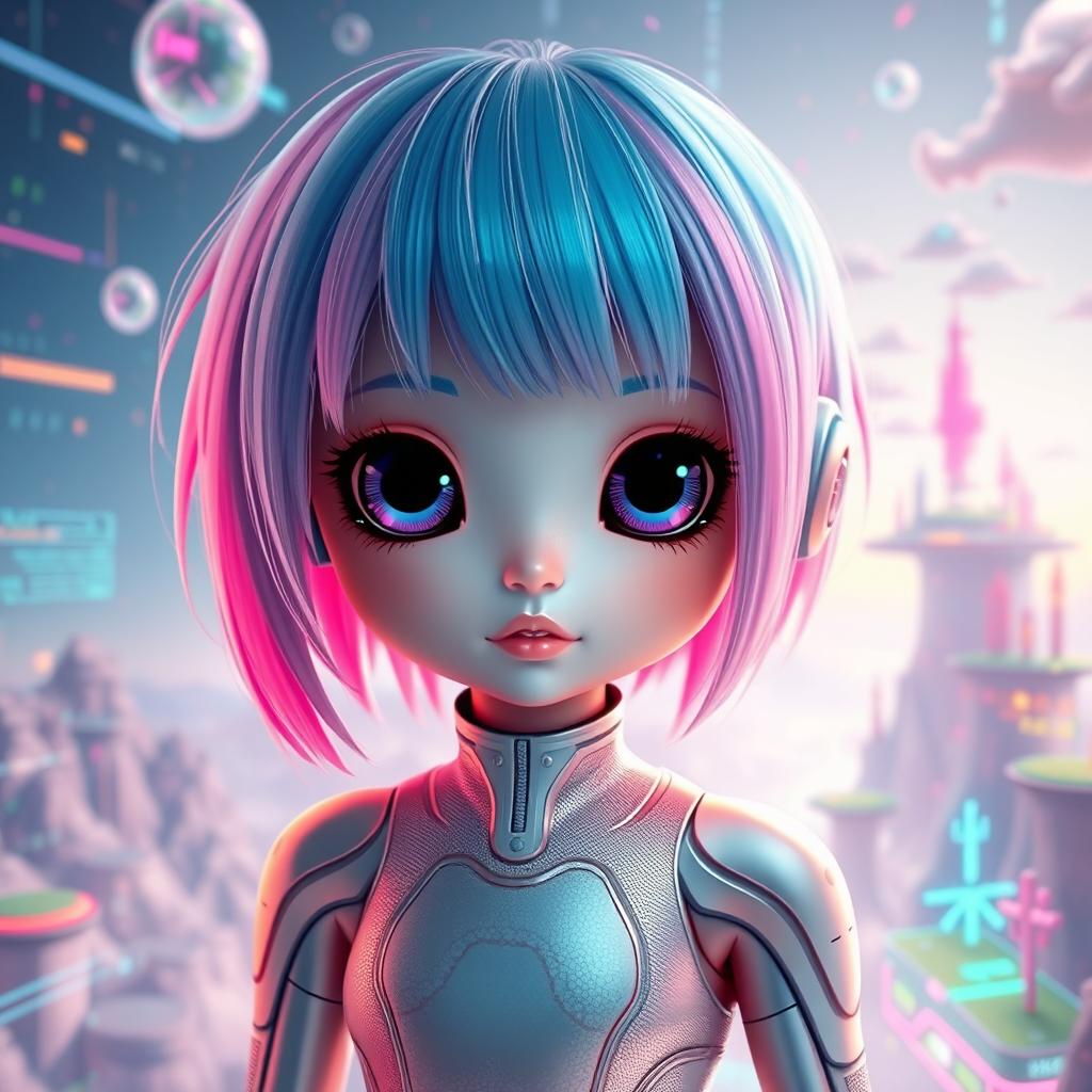 a futuristic artificial intelligence design resembling a female figure, embodying innocence and curiosity, with large, expressive eyes, vibrant hair in shades of blue and pink, wearing a sleek, modern outfit made of shimmering fabric, surrounded by virtual elements like glowing data streams and holographic displays, set in a bright, imaginative digital landscape with floating islands and vibrant colors