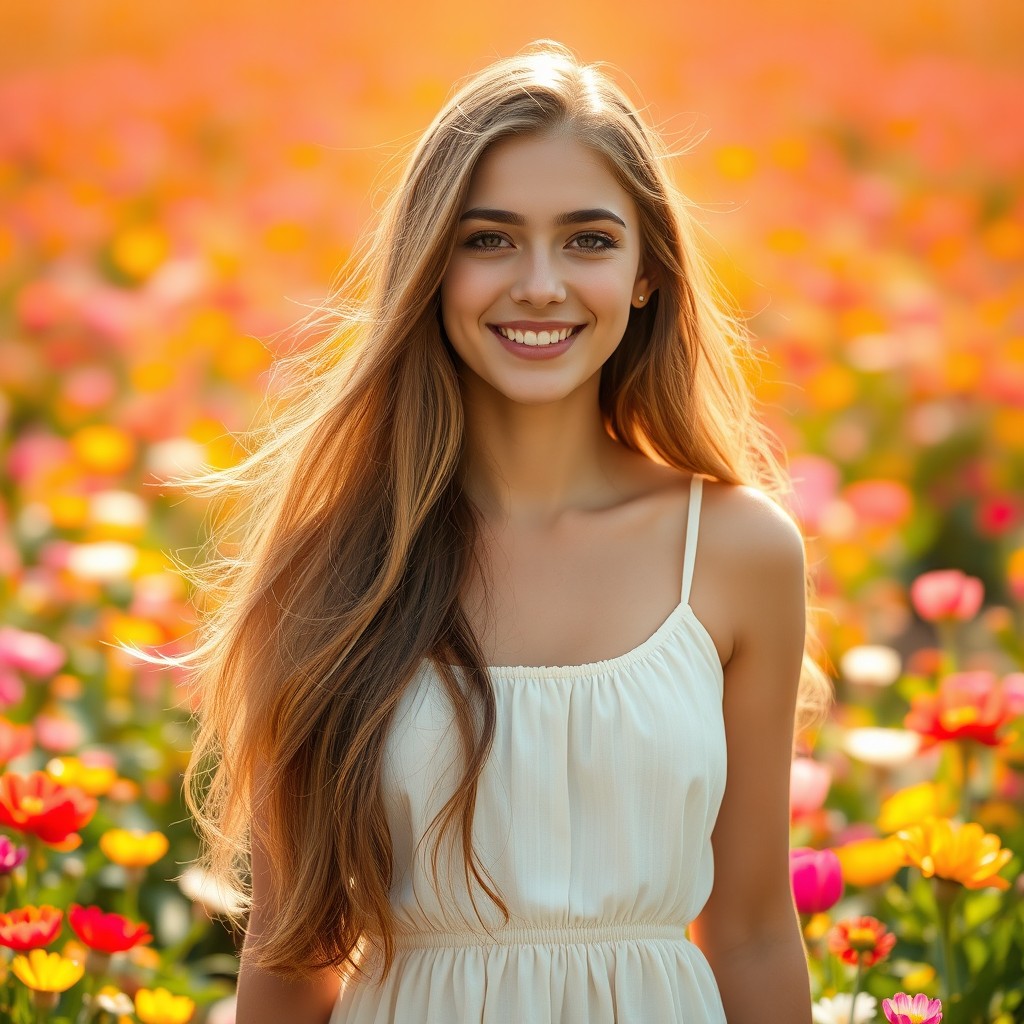 A beautiful young woman with long flowing hair standing in a vibrant flower field, gentle sunlight filtering through the petals, wearing a light summer dress, a soft smile on her face, the scene radiating a sense of happiness and peace