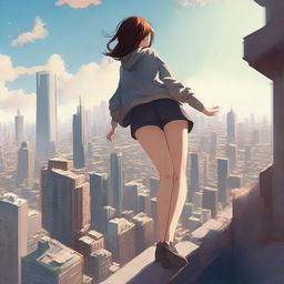 An engaging scene of an immense girl, reaching incredible heights, stationed amidst the urban skyline with a gentle look on her angled down towards the city.