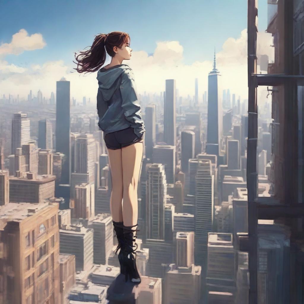 An engaging scene of an immense girl, reaching incredible heights, stationed amidst the urban skyline with a gentle look on her angled down towards the city.