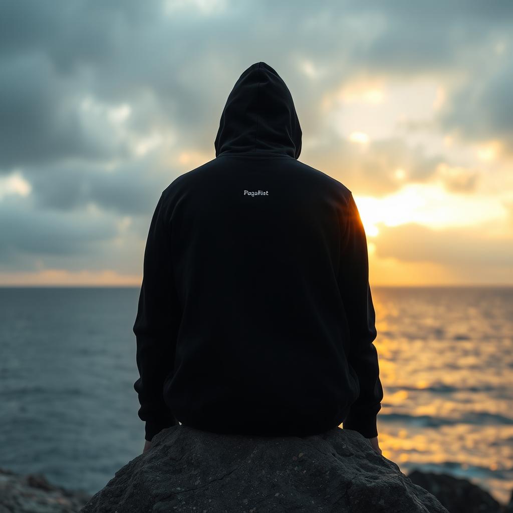 A tall person sitting on a rock overlooking a sea, with a cloudy sunset scene